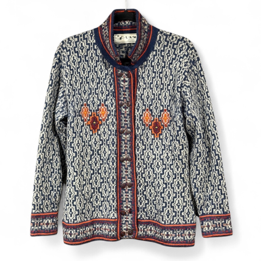 L.A.M‎ 100% Alpaca Made in Bolivia Geometric Pattern Sweater Cardigan Sz Large